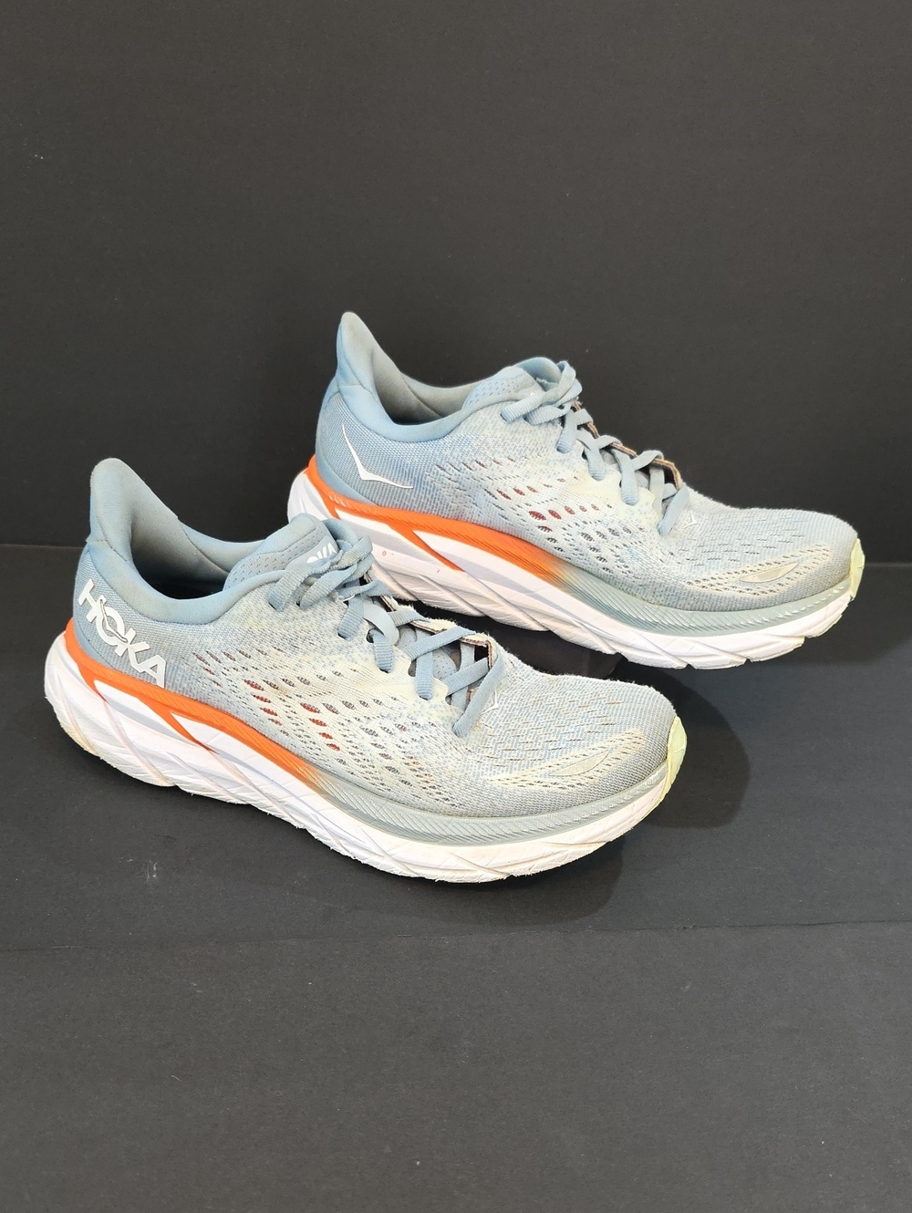 Hoka Clifton 8 Women's Light Blue Mesh Running Shoes with Orange Stripe Size 6.5